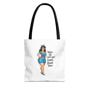 Curvy Pin-Up Graphic Tote Bag 16x16 White w/ Black Straps Cute Statement Bag NWT